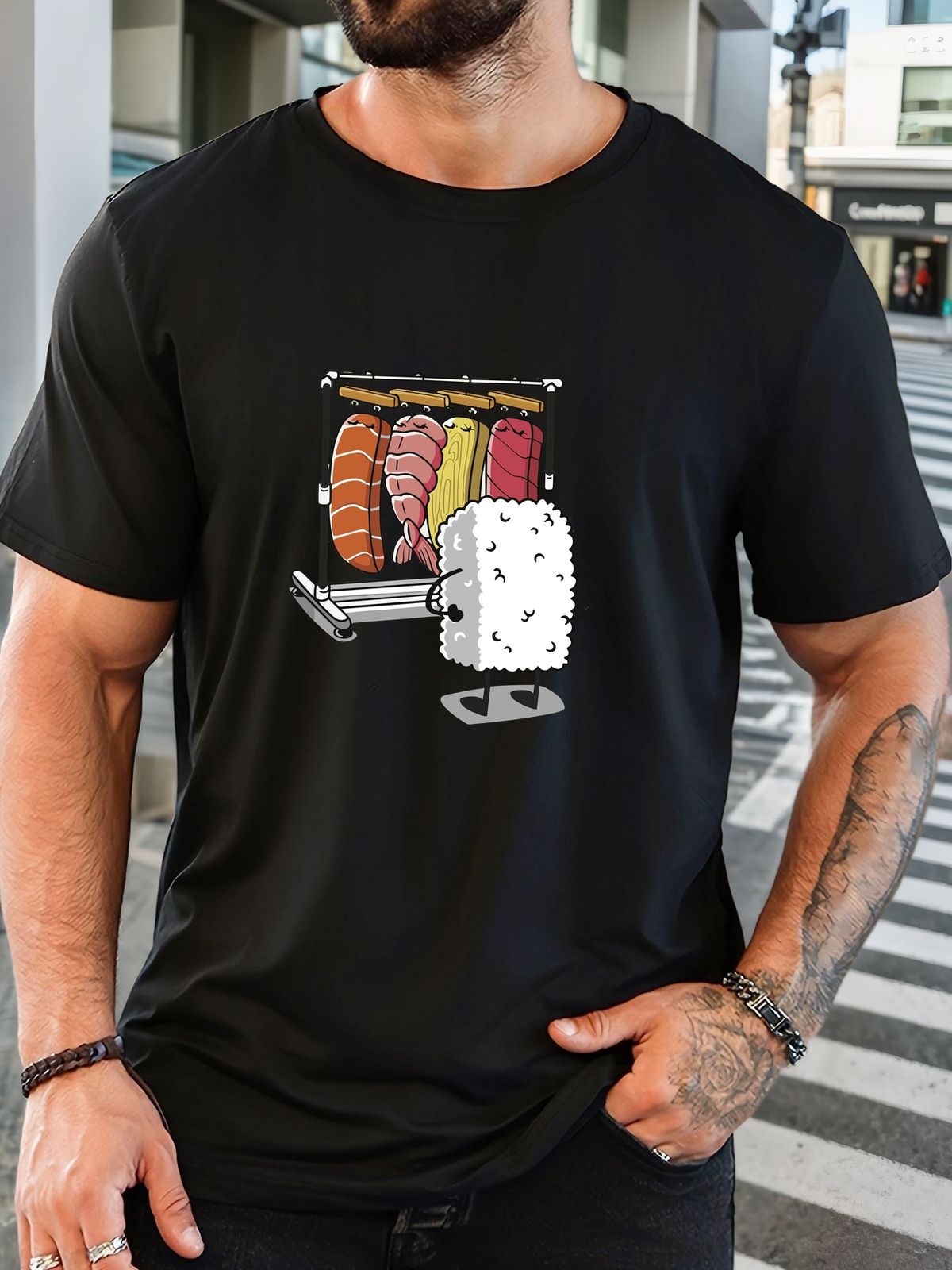 Maglietta Uomo 180g Cotone Puro Girocollo Stampa Sushi Morbida Traspirante Abbigliamento Casual Estivo Vestibilità Regolare_viptrois.com