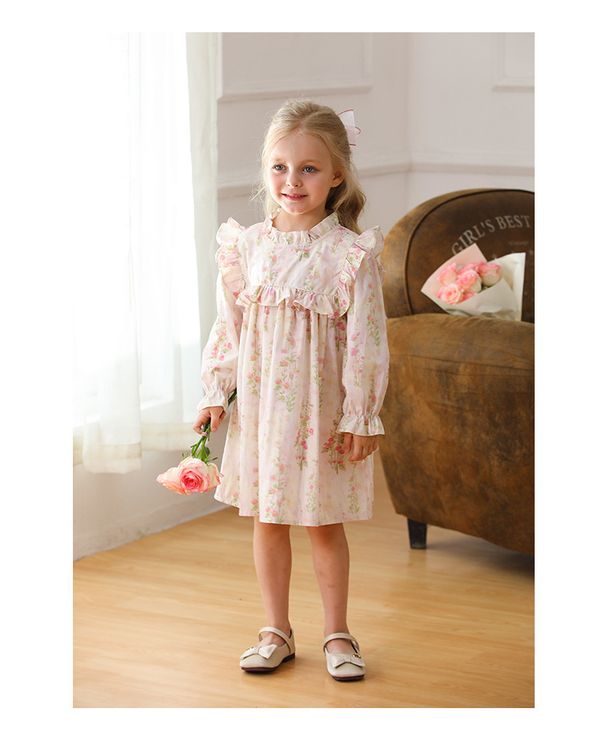 Mother & Kids French flower fungus lace stand collar girl dress 2024 autumn children's clothing long sleeve children's princess dress pure cotton_viptrois.com