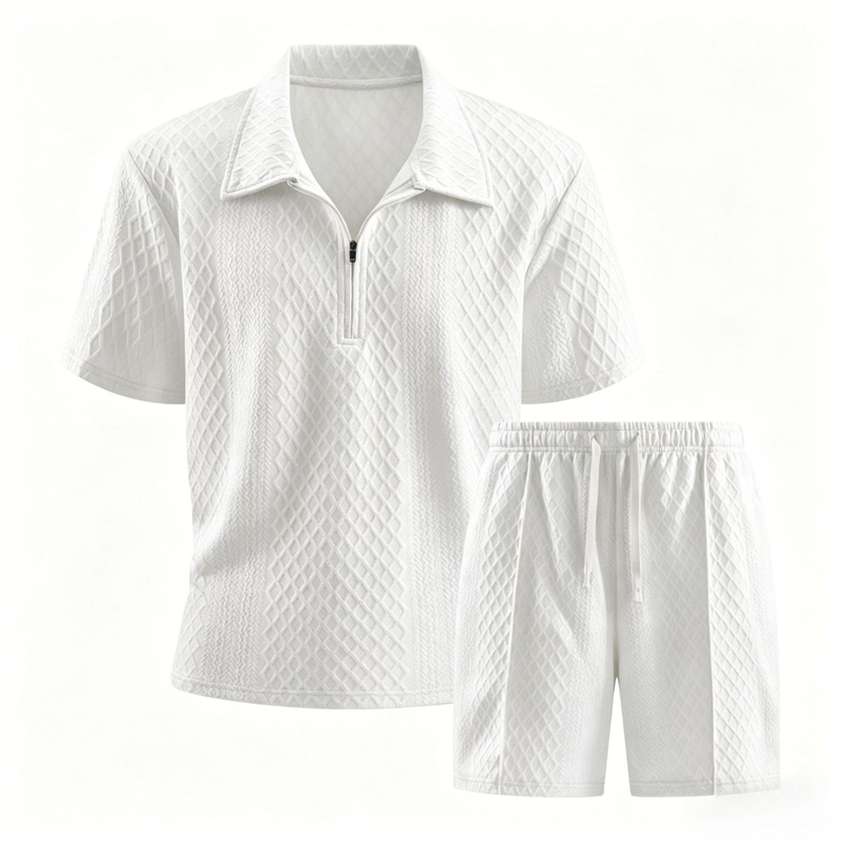 Men's Summer Casual Two-Piece Set Zipper Short Sleeve Shirt & Shorts Versatile Trendy Streetwear Black White Khaki Gray Blue_viptrois.com