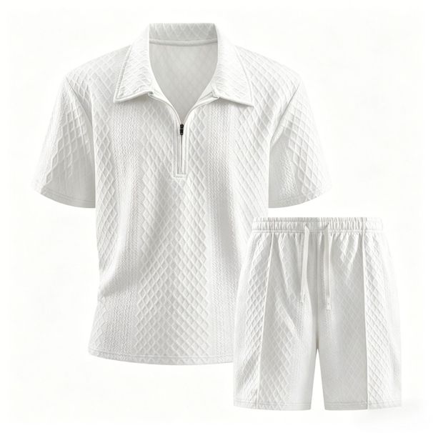 Men's Summer Casual Two-Piece Set Zipper Short Sleeve Shirt & Shorts Versatile Trendy Streetwear Black White Khaki Gray Blue_viptrois.com