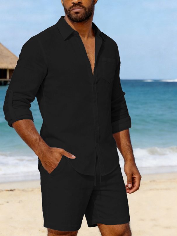Men's Linen Long Sleeve Casual Top And Shorts Set New Style Comfortable Breathable Men's Clothing_viptrois.com