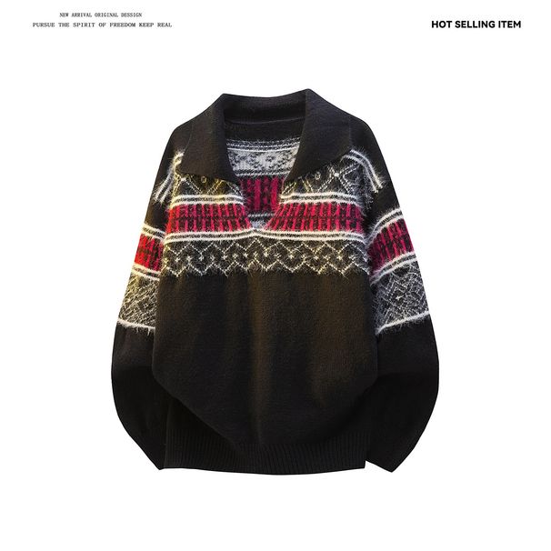 Pure Vintage Jacquard Velvet Feel Polo Knit Men's Lazy Style Turn-down Collar Nordic Fair Isle Sweater Jacket_viptrois.com