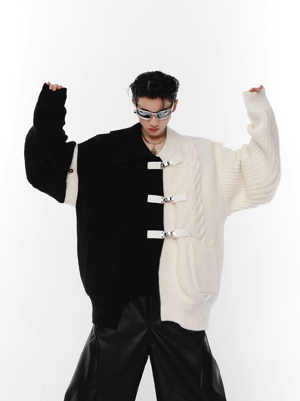 Men's Clothing Autumn/Winter New Niche Deconstructed Sweater, Loose Black And White Patchwork Design, Cardigan With Metal Buttons, Knitted Outerwear_viptrois.com