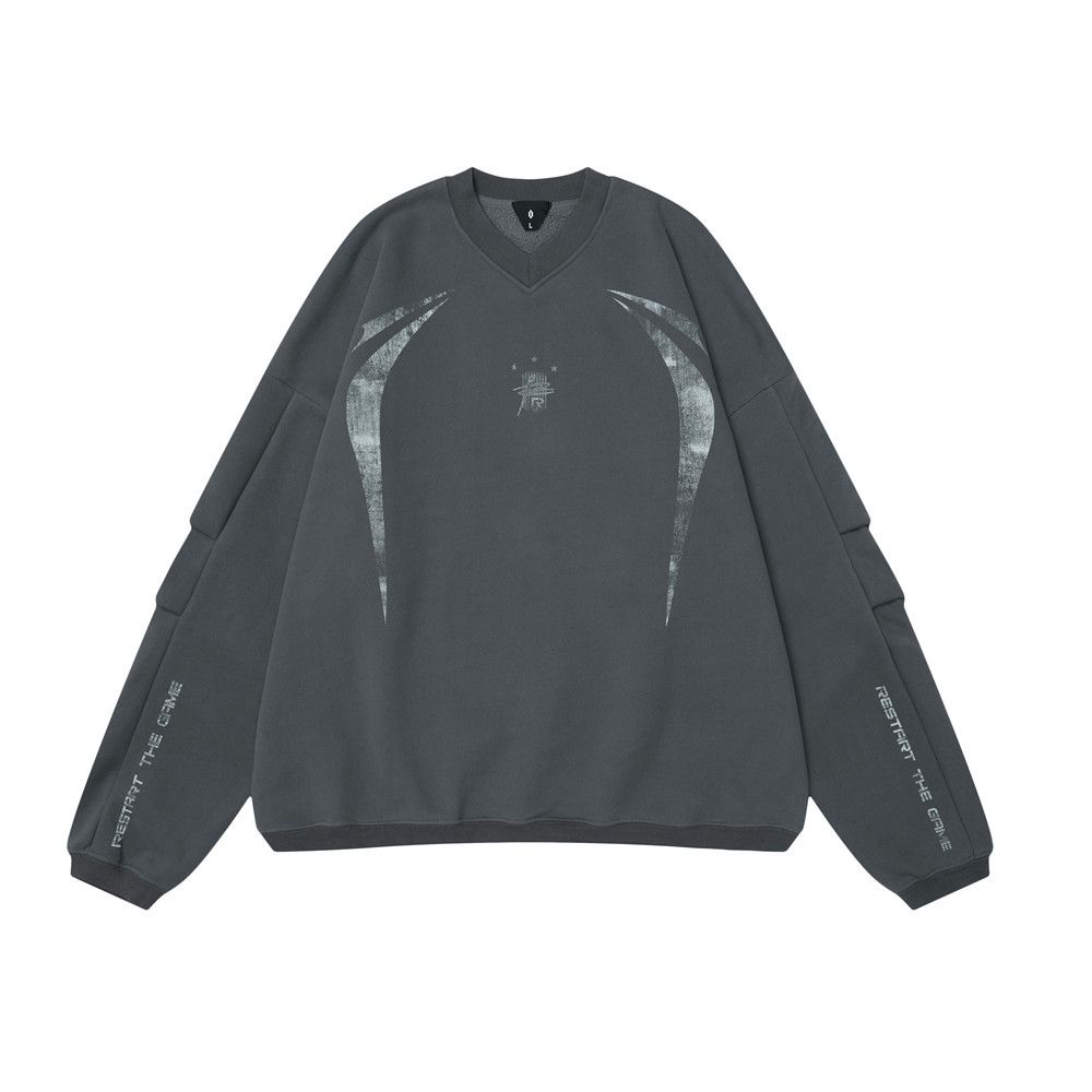Fuzzy Letter Print Wrinkled Long Sleeve Fleece Sweatshirt Men's Winter Street Style Loose Fit Sports V-Neck Top_viptrois.com