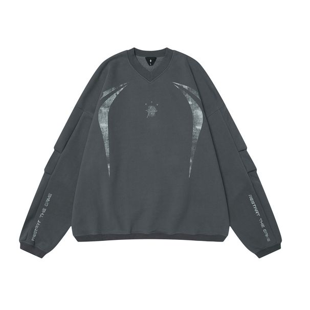 Fuzzy Letter Print Wrinkled Long Sleeve Fleece Sweatshirt Men's Winter Street Style Loose Fit Sports V-Neck Top_viptrois.com
