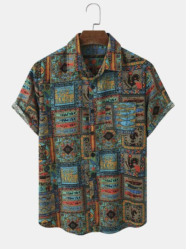 Men's Clothing Short Sleeve Ethnic Style Tribal Animal Print Shirt_viptrois.com
