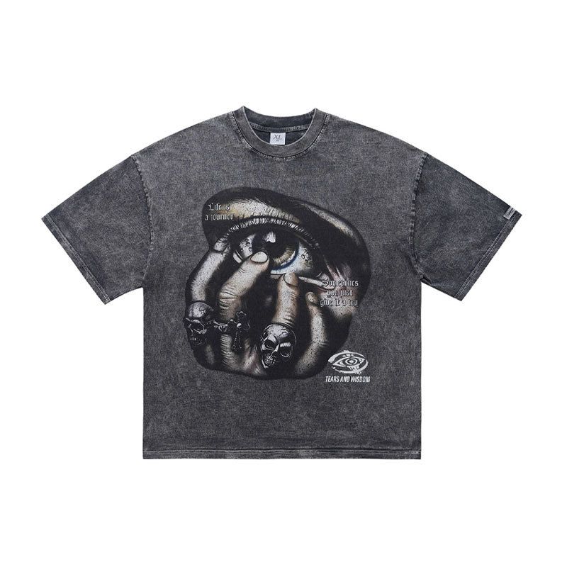 American High Street Printed Short-sleeve T-shirt For Men, Summer Loose Fit, Washed And Distressed, Round Neck_viptrois.com