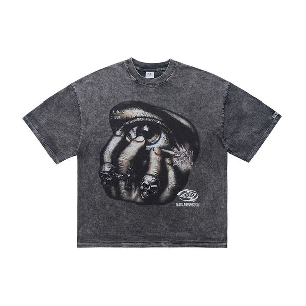 American High Street Printed Short-sleeve T-shirt For Men, Summer Loose Fit, Washed And Distressed, Round Neck_viptrois.com