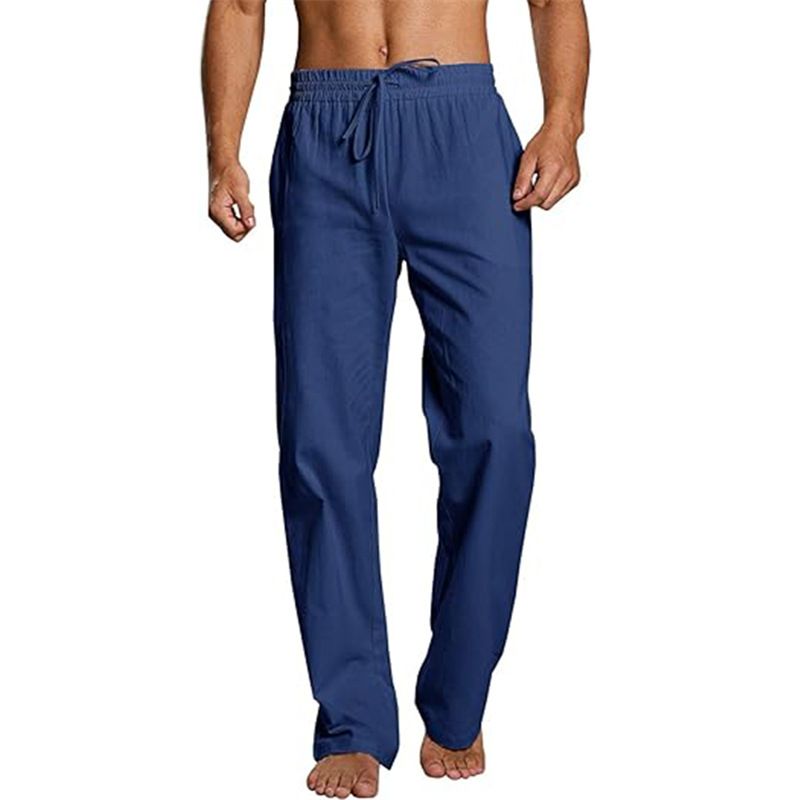 Men's Clothing Men's Foreign Trade Cotton And Linen Loose Elastic Drawstring Waist Straight Summer Breathable Beach Trousers_viptrois.com