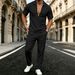 Men's Waffle Knit Casual Trendy Lapel Deep V Short Sleeved Trouser Suit New From Platform_viptrois.com