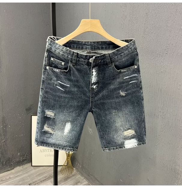 Denim Shorts, Men's New Summer High Street Distressed White Hole Slim Fit Capris, Korean Version Trend Versatile Small_viptrois.com