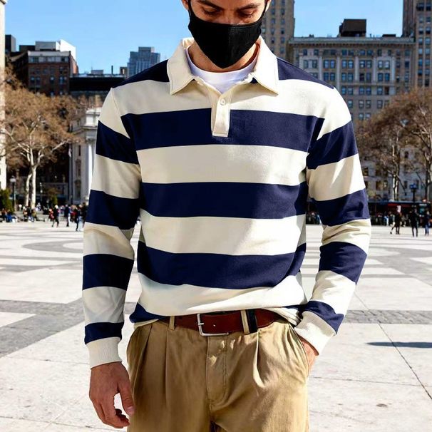 Pulse European And American Autumn Winter Men's Loose Casual Striped Simple Turn-down Collar Button Long Sleeve Polo_viptrois.com