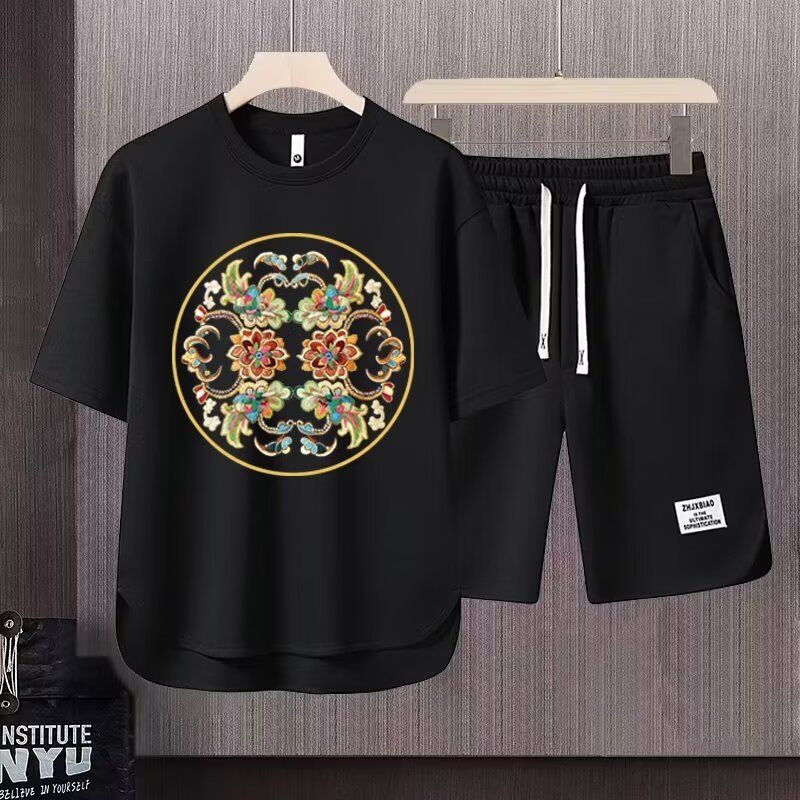 Men's Clothing 2024 Waffle Casual Summer Suit Men's Loose Teen Short sleeved T shirt Shorts Handsome Two piece Suit_viptrois.com