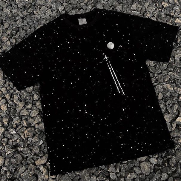 Heavyweight Short Sleeved Summer T-Shirt Unisex High Street Loose Fit American Style Trendy Starry Sky Top For Men And Women_viptrois.com