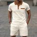 Men's Waffle-Knit Short Sleeve Suit - Lapel Collar & Chest Pocket Button-Up Shirt With Matching Shorts_viptrois.com