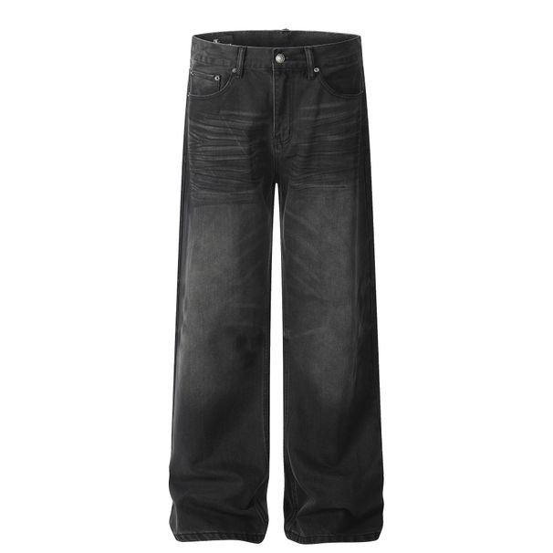 Men's Clothing Street Retro 2025 Neutral High End Washed Black Design Men's Loose Straight Jeans_viptrois.com