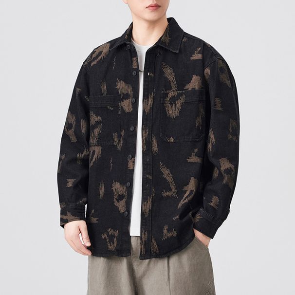 Nordmann Men's Denim 2025 Autumn New Jacquard Retro Turn-down Collar Casual Long Sleeve Shirt Workwear Jacket_viptrois.com