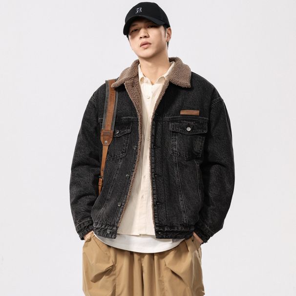 Winter Collar Lambskin For Men New Model With Added Fleece And Thickened Warm Workwear Denim Cotton Jacket_viptrois.com