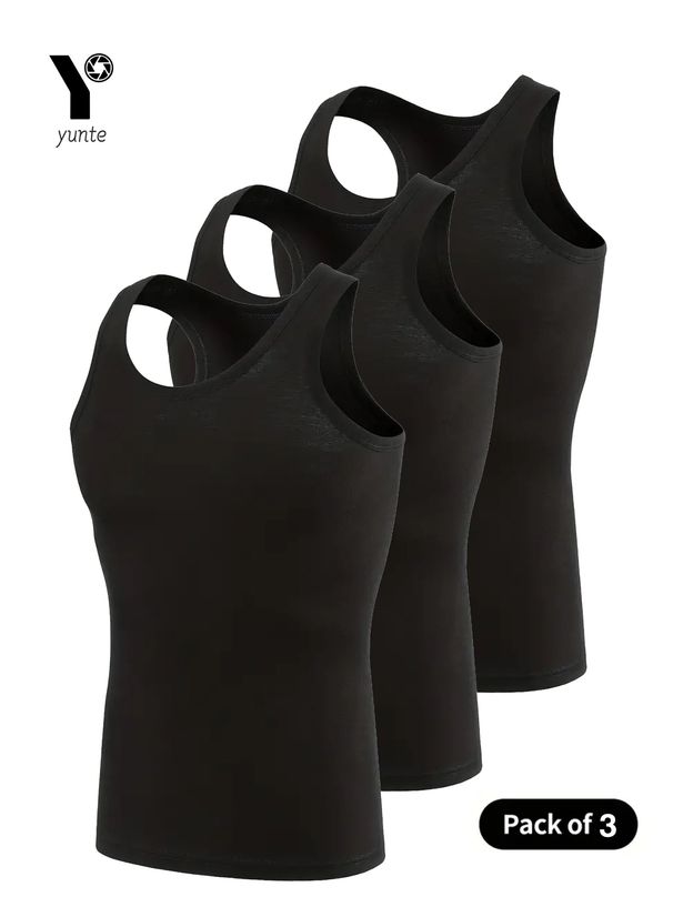 2025 Men's Vest, Black, 3-piece, Breathable, Quick-drying, Sports Vest Made Of Polyester Fiber, Suitable For Gym, Running And Training, Casual, Pure C_viptrois.com