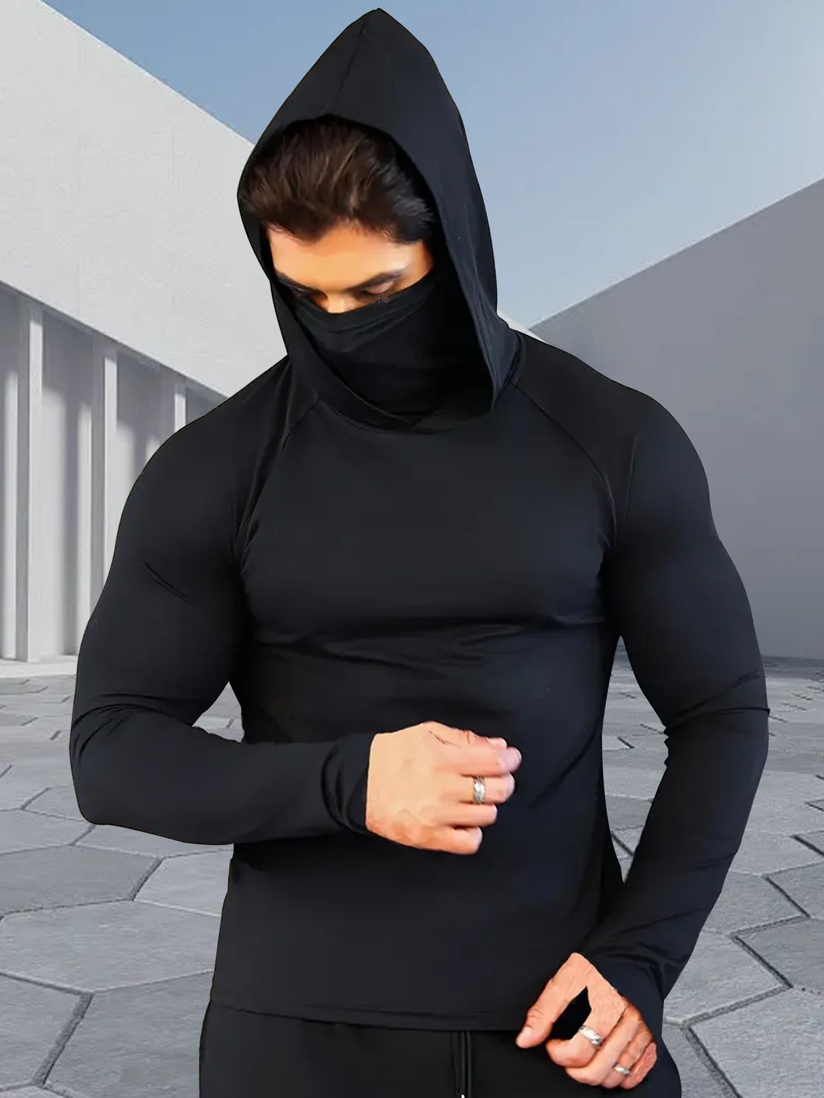 Men's Clothing Sports Tight Fitting Shaping Mask With Hood One Piece Long Sleeved Running Outdoor Sports Breathable Quick Drying Clothes_viptrois.com