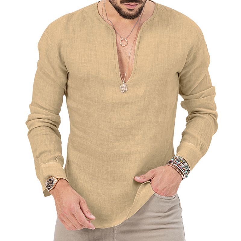 Men's Clothing men's spring and summer large size casual tropical cotton and linen deep v neck solid color large size long sleeved T shirt shirt_viptrois.com