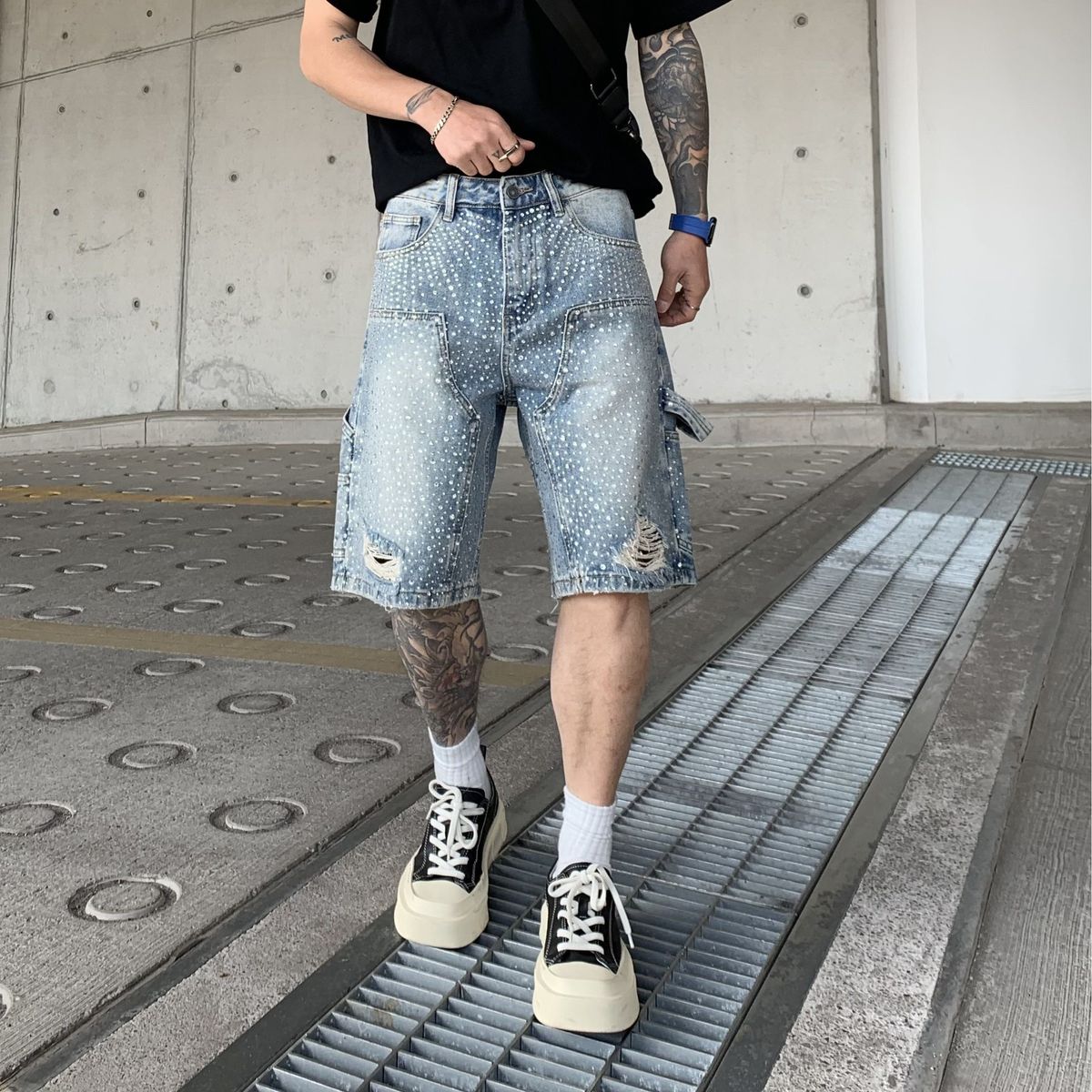 Men's Clothing High Street Full Diamond Denim Shorts Ink Splashed Dyed Gradient Cropped Pants Summer New Trendy Brand Men's Casual Pants_viptrois.com