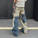Vintage American Streetwear Washed Denim Pants Unisex Distressed Wide-Leg Jeans With Color Blocking And Curved Hem_viptrois.com