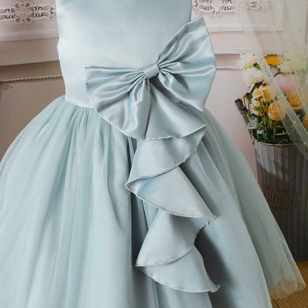 Girls Bow Dress New Style Children's Dress Princess Cross Border Children's Clothing Solid Color Mesh Princess Dress Live Supply_viptrois.com