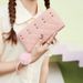 Women's New Diamond Quilted Wallet - Long RFID Blocking Card Holder With Pom Pom & Studs (Crossbody Purse For Women)_viptrois.com