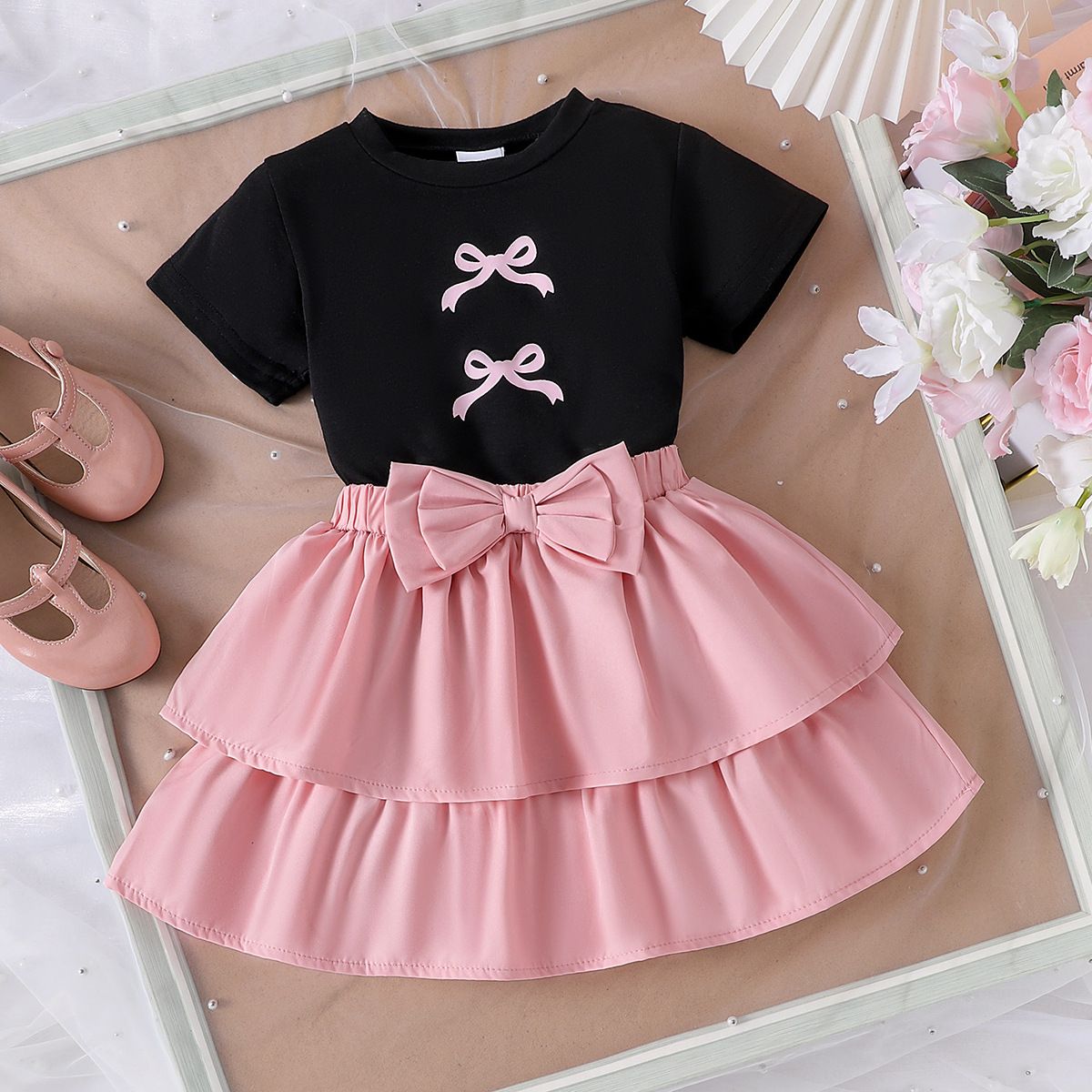 Kid's Clothing Summer Girl Suit Bow Print Short Sleeve Pink Puffy Skirt New Two Piece Suit_viptrois.com