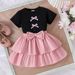 Kid's Clothing Summer Girl Suit Bow Print Short Sleeve Pink Puffy Skirt New Two Piece Suit_viptrois.com