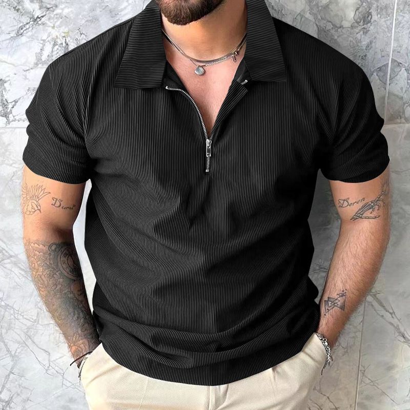 Men's New Summer Solid Color Polo Shirt Short Sleeve Zipper Polo Shirt T-shirt Tops_viptrois.com
