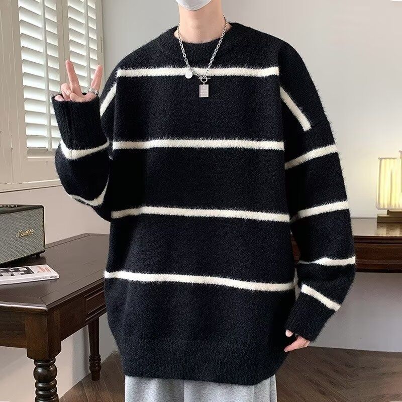 Loom Loom 2025 Striped Knitted For Men, Autumn Winter New Korean And European Style, Loose Fit Youth Sweater Jacket_viptrois.com