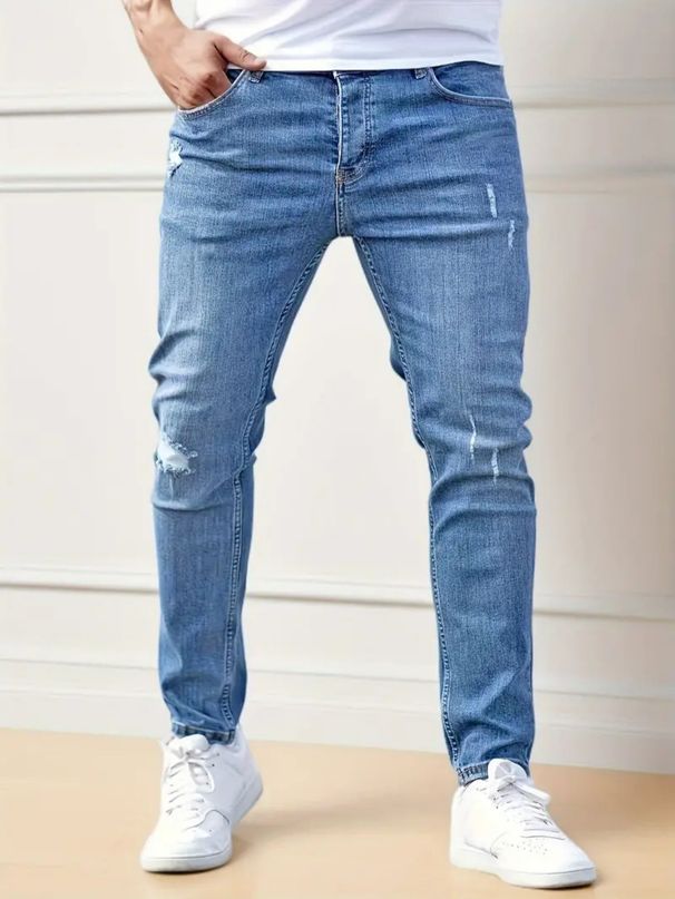 Women's Clothing Men's New Simple Hole Commuter Denim Trousers Slim Fit Slim Feet Trendy Handsome Jeans_viptrois.com