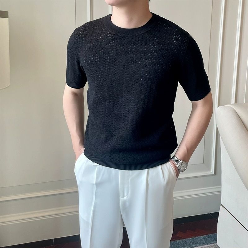 Men's Clothing Knitted Short Sleeved T Shirt Summer Thin Trendy Casual Clothes Design Temperament Short Sleeved T Shirt_viptrois.com