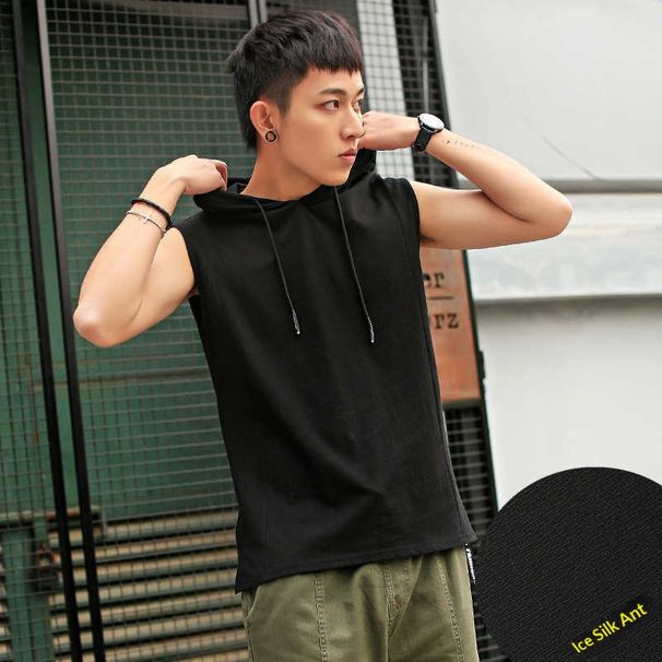 Pulse Cross-Border Sleeveless Summer Tank Top Trendy Hooded Short Sleeve Hoodie Vest T-Shirt Men's Style_viptrois.com