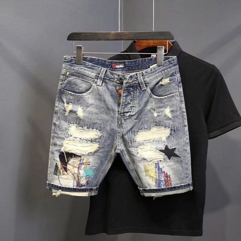 Men's Clothing Denim Shorts Men's Trendy Scratched Patch Beggar 5 Point Pants Internet Celebrity Douyin Light Colored Trendy Brand Summer_viptrois.com