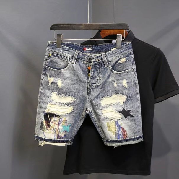 Men's Clothing Denim Shorts Men's Trendy Scratched Patch Beggar 5 Point Pants Internet Celebrity Douyin Light Colored Trendy Brand Summer_viptrois.com