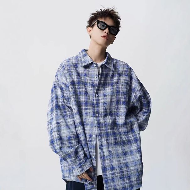 Trendy Tie Dye Plaid Shirt Men's Autumn Vibe Long Sleeved Workwear Shirt Niche High Street Couple Casual Jacket_viptrois.com