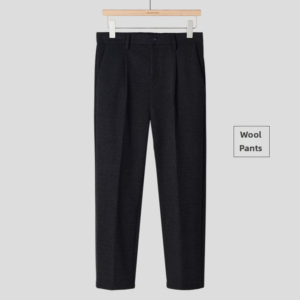 Men's Winter Business Casual Woolen Trousers Formal Fleece Lined Cropped Suit Pants_viptrois.com