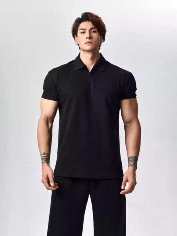 K Short Sleeved New Henry Collar Polo Shirt With Large Lapel And Cuffs For Sports And Fitness Men's T-shirt_viptrois.com