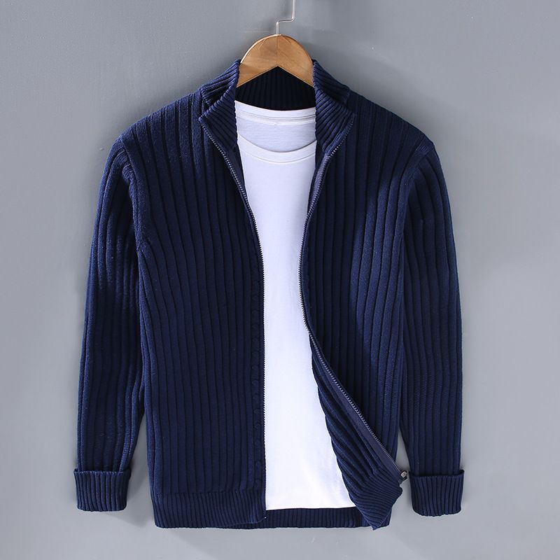 Men's Zip-Up Knit Sweater – Stretchy Cotton, Loose Fit, High Collar, Casual & Warm Pullover (Black, Grey, Navy)_viptrois.com