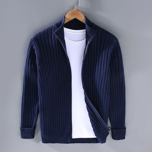 Men's Zip-Up Knit Sweater – Stretchy Cotton, Loose Fit, High Collar, Casual & Warm Pullover (Black, Grey, Navy)_viptrois.com