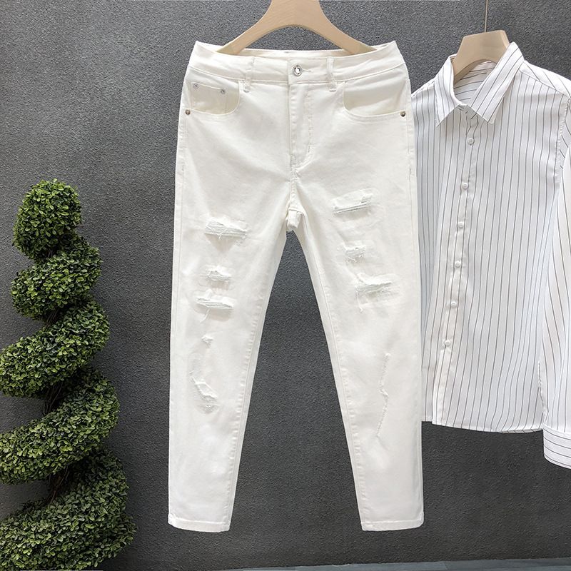 Men's Clothing White Ripped Diamond Jeans Trendy Slim Fitting Skinny Pants_viptrois.com