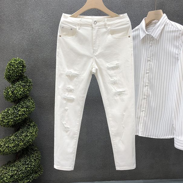 Men's Clothing White Ripped Diamond Jeans Trendy Slim Fitting Skinny Pants_viptrois.com