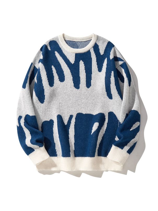 Neue Beliebte Herbst Winter Unregelmäßige Jacquard Muster Pullover Pullover Lässig Rundhals Ausschnitt Kontrast Farbe Gestrickt Herren Pullover_viptrois.com