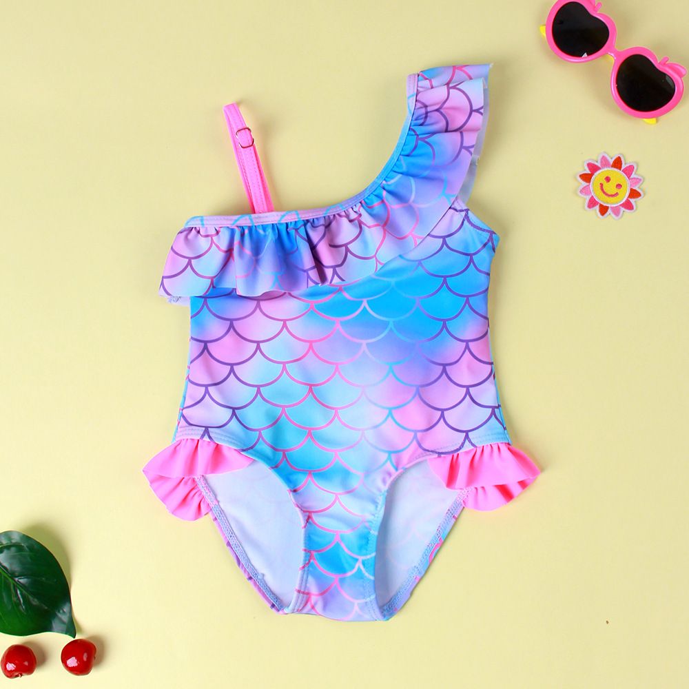 Mother & Kids New Girls Swimsuit Children's Baby Girl Fish Scale Print Ruffle Gradient Hot Spring Swimsuit_viptrois.com