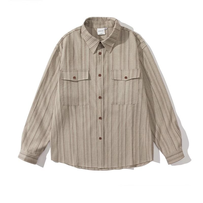 Men’s Retro Striped Shirt – Inspired Oversized Workwear Shirt With Chest Pocket (Khaki)_viptrois.com