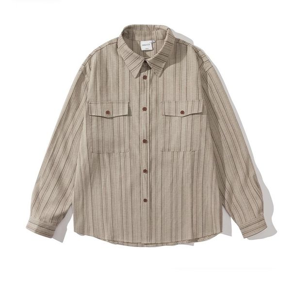Men’s Retro Striped Shirt – Inspired Oversized Workwear Shirt With Chest Pocket (Khaki)_viptrois.com
