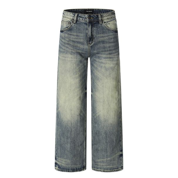 Washed And Distressed White Denim Straight Punk Street Style Men's Dad Handmade Frayed Vintage Loose Long Pants_viptrois.com